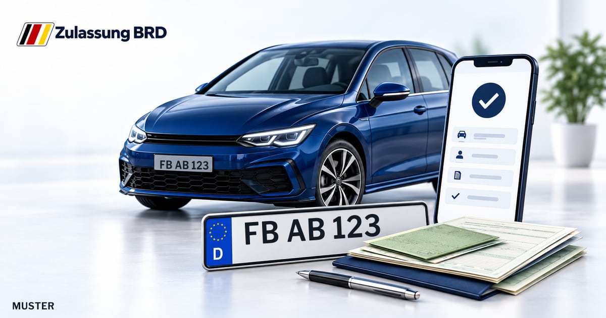 Online Fahrzeugzulassung in Karben: Musterkennzeichen FB AB 123, Auto und Fahrzeugpapiere und Smartphone. Illustration mit Logo von Zulassung BRD.